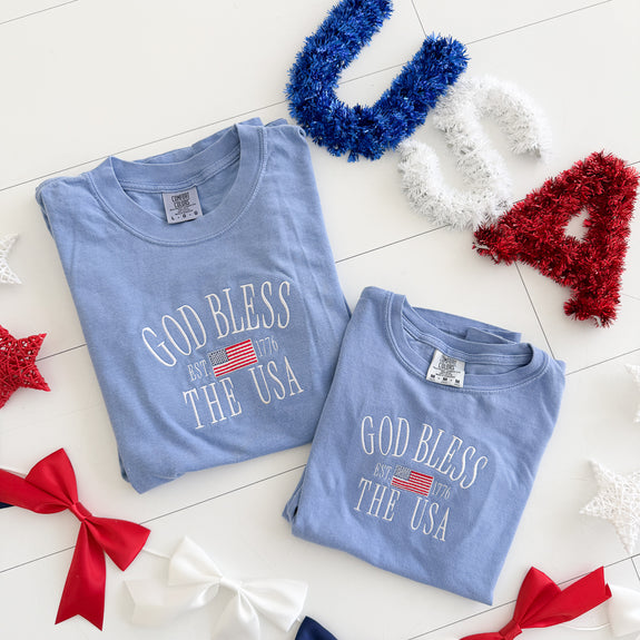 Adult Embroidered Tee// God Bless the USA