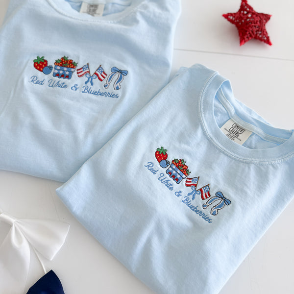 Adult Embroidered Tee// Red, White, & Blueberries