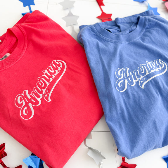 Adult Embroidered Tee// Retro America