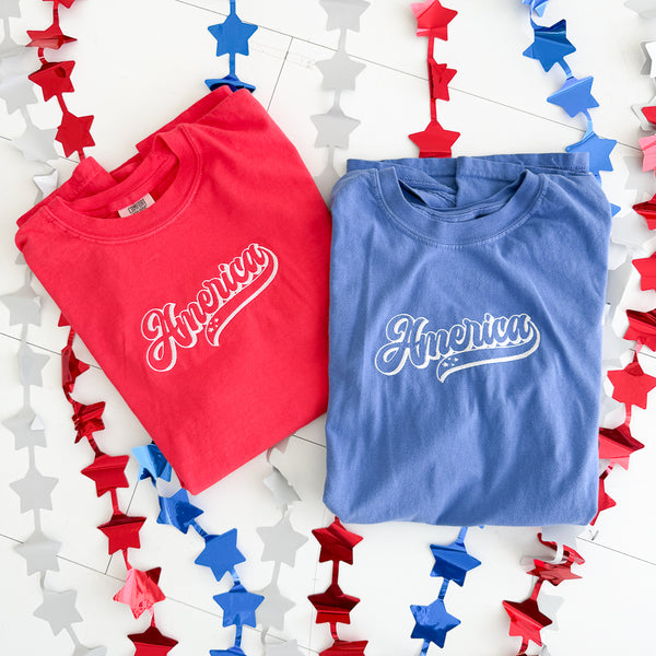 Adult Embroidered Tee// Retro America