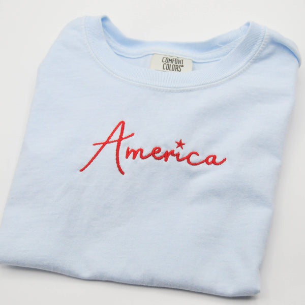 Youth Embroidered Tee //America on Light Blue
