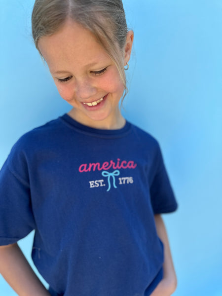 !!PREORDER!! Youth Embroidered Tee// America w/ Bow