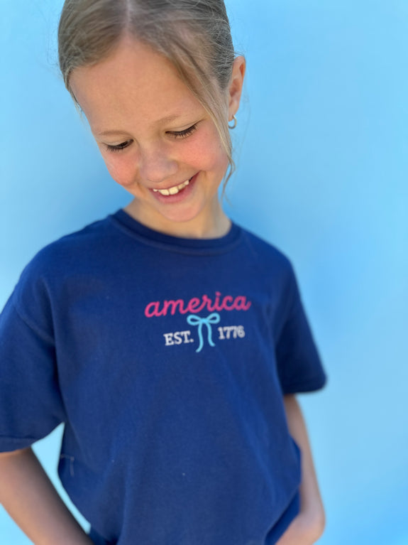 Youth Embroidered Tee// America w/ Bow