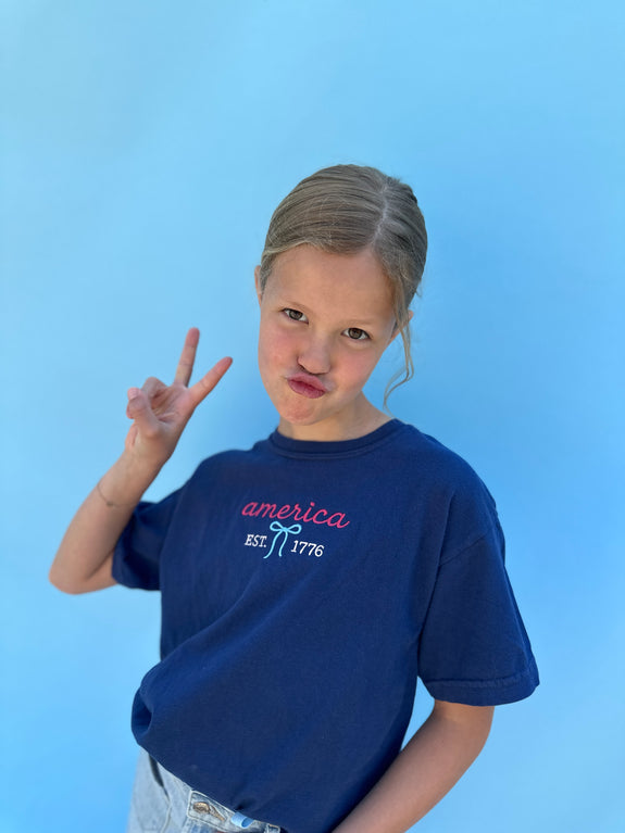 Youth Embroidered Tee// America w/ Bow
