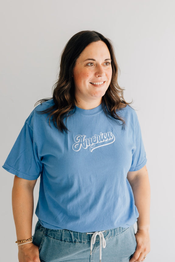 Adult Embroidered Tee// Retro America